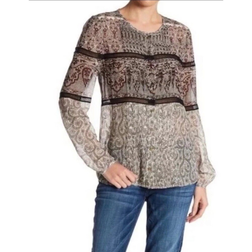 Veronica Beard Daisy Lace Trim Blouse 100% Silk Sz 8 Womens Shadow Nude Sheer